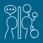 2 two figures separated by a divider with thought and speech bubbles
